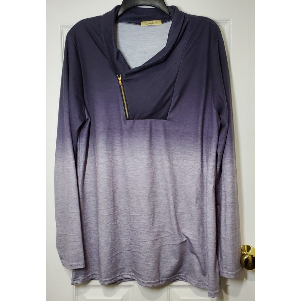Cyanstyle Women’s 2XL Ombre Tunic Top Long Sleeve Navy Zip Neck